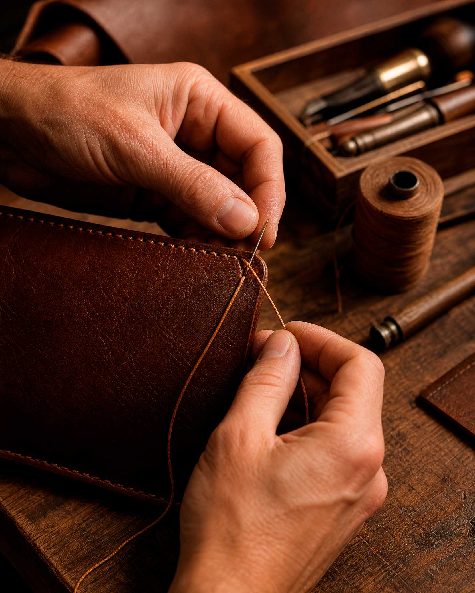 Artesão costurando couro